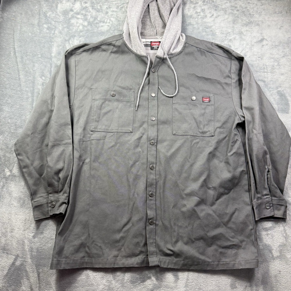 Wrangler Denim Shacket Mens 2XL 50-52 Gray Hooded Snap Front 100% Cotton